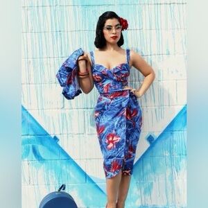 Tropical Blue and Red Floral Midi Dress